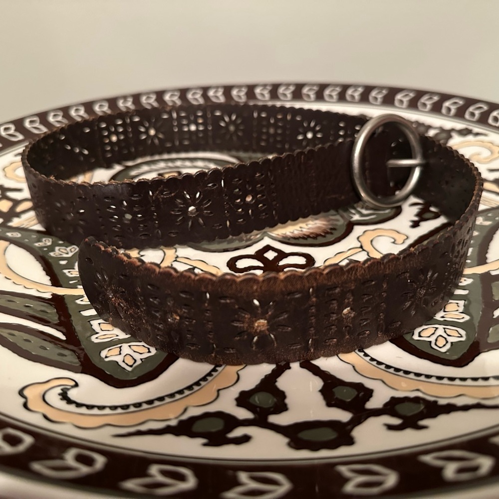Dark Brown Floral Tooled Leather Belt with Silver Buckle.   34 inches
